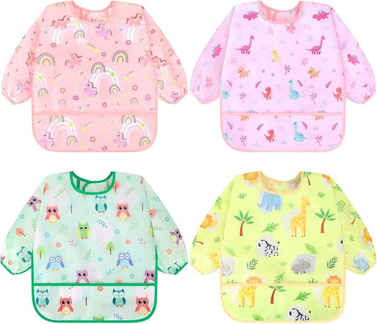 Accmor 4 Pack Long Sleeve Bibs, Baby Smock Waterproof Sleeved Bib Smock for Baby Toddler 6-36 Months