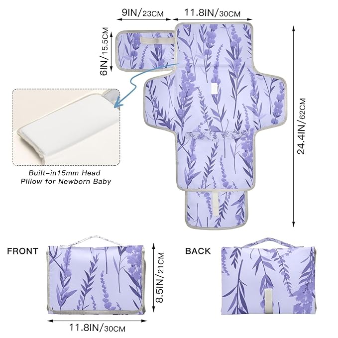 Lavender Portable Diaper Changing Pad,Waterproof Lightweight & Foldable Travel Changing Pad with Built-in Pillow for Newborn Shower Gifts