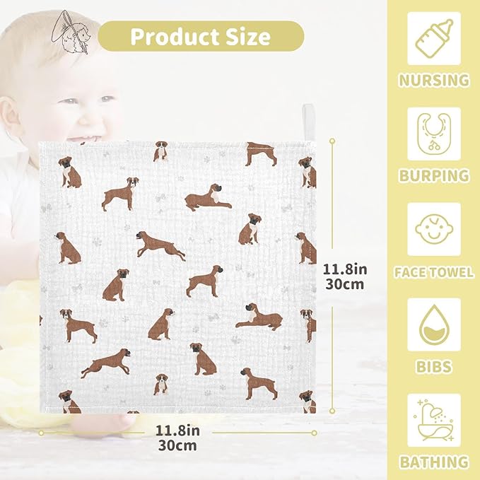 vvfelixl Baby Cotton Washcloths Boxer Dog Infants Bath Towel for Unisex Puppy Face Towels for Newborn, Natural Baby Wipes Delicate Skin, 11.8 X 11.8 inch, one sizex5
