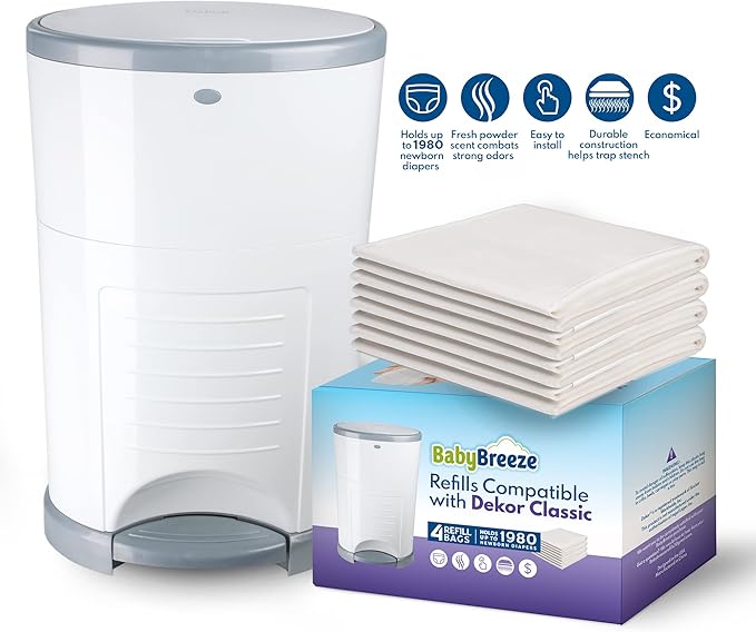 BabyBreeze Diaper Pail Refills Compatible with Dekor Classic – 4 Pack Continuous Refill Bags – Powder Scent Odor Control – Leak Resistant Diaper Disposal Liners – Holds Up to 1980 Diapers