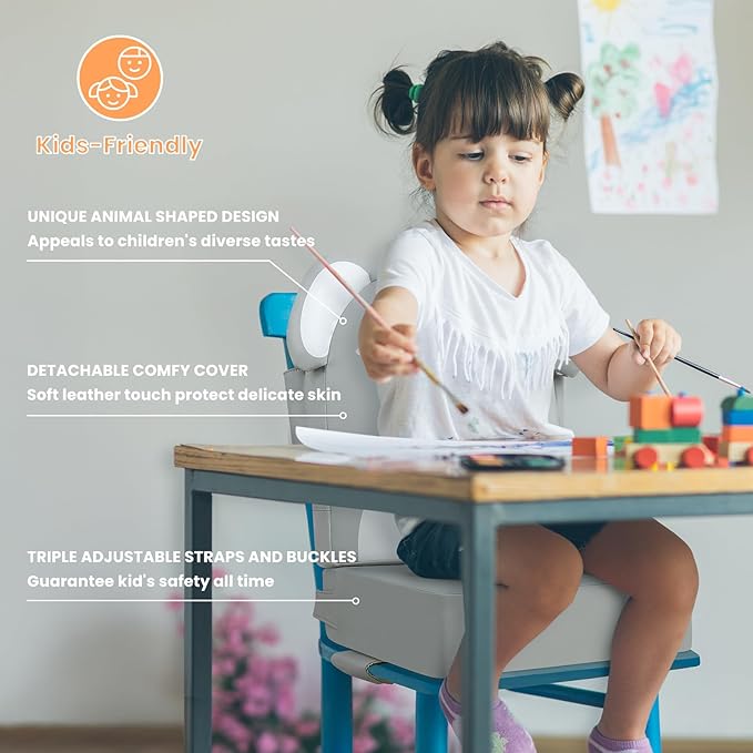 Toddler Booster Seat for Dining Table with Backrest, 4inch Non-Slip Kids Booster Seat for Kitchen Chair, PU Waterproof Detachable Increasing Cushion (Gray Elephant)