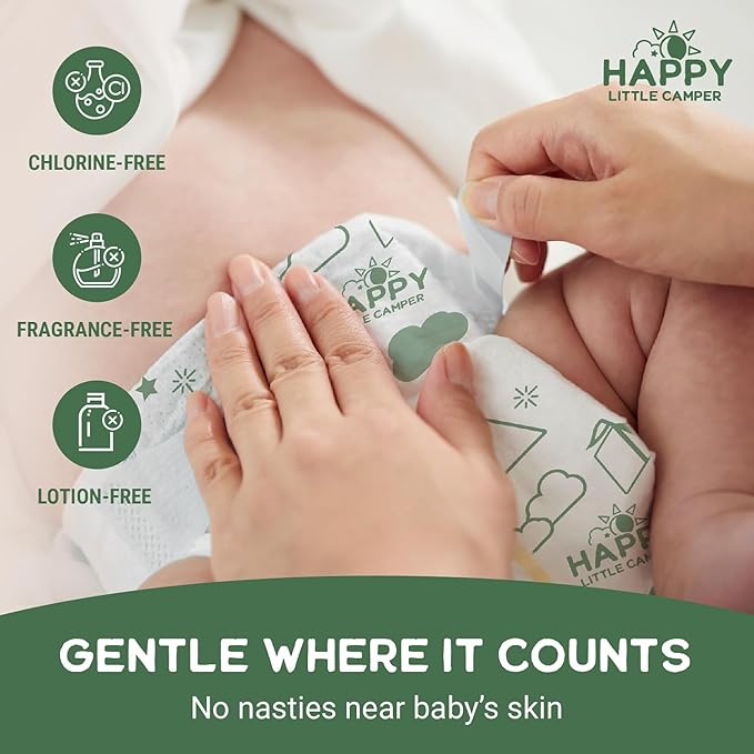 Happy Little Camper Ultra-Absorbent Natural Baby Diapers Size 2 - Hypoallergenic & Chlorine-Free Disposable Diapers Safe for Sensitive Skin - Unscented Infant Diapers - 216 Count