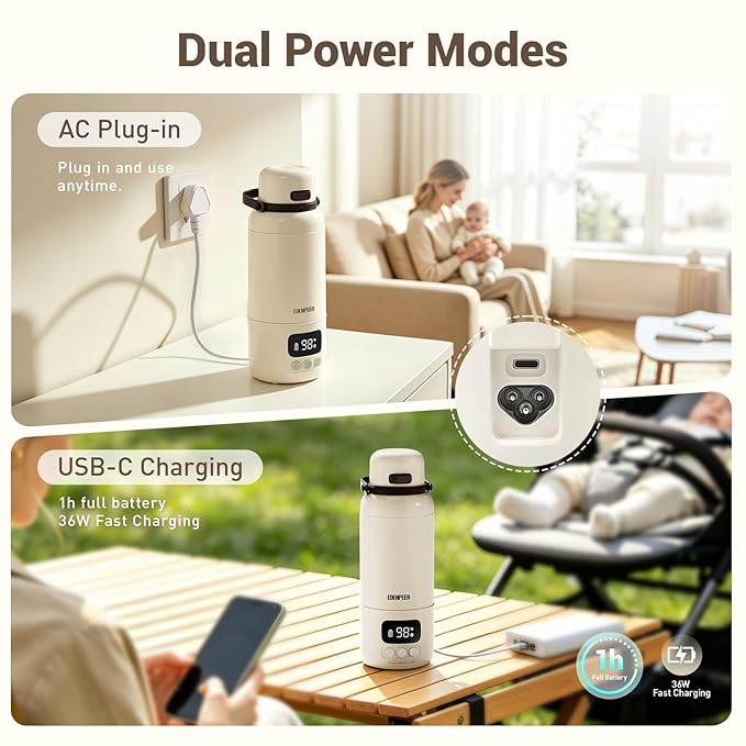 Portable Bottle Warmer for Travel,Typ-C&AC Dual Power Mode with Built-in Sterilizer,Baby Milk Warmer On The Go and 120W Fast Heating Breastmilk,Formula,Water,3” Wide Mouth&17oz Large Capacity