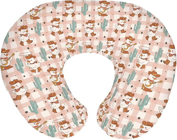 Geese Cowboy Baby Nursing Pillow Covers for Boy Girl Cute Western Duck Cactus Pink Checkered Nursing Pillowcase for Breastfeeding Pillows Wild West Animal Soft Stretchy Slipcovers for Newborn Infant