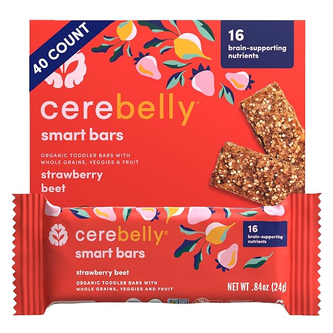 Cerebelly Organic Toddler Smart Bars 40-Count, Strawberry Beet Smart Bars, 16 Brain-Supporting Nutrients, No Added Sugar, Gluten Free, Nut Free, Kids Snacks