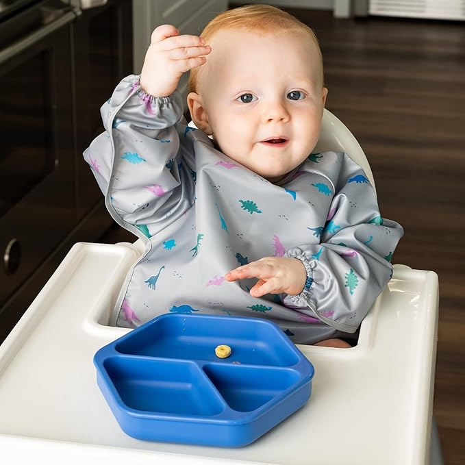 Tiny Twinkle Silicone Suction Baby Plate, Suction Grip Divided Dish for First Foods and Self-Feeding Toddlers, Baby Led Weaning Supplies for Independent Eating (Indigo Plate with Lid)