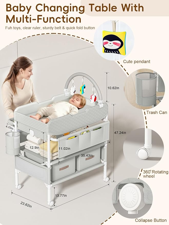 Baby Changing Table with Drawers, Waterproof Versatile Folding Diaper Changing Station with Storage, Adjustable Height, Portable Diaper Chang ing Station, Mobile Nursery for Infant and Newborn