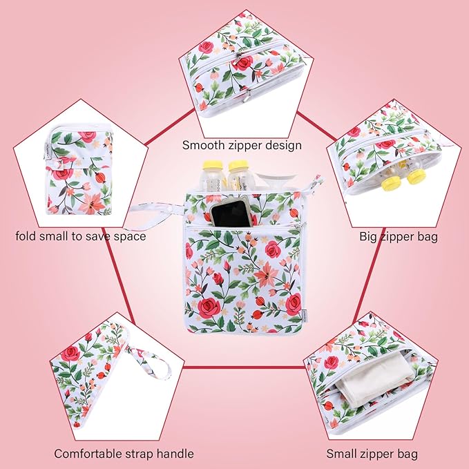 Breast Pump Bag Wet/Dry Bag with Preparation Place Mat, Waterproof Pump Parts Storage Bag for Moms Pumping at Work or Outdoors(Romantic flowers)