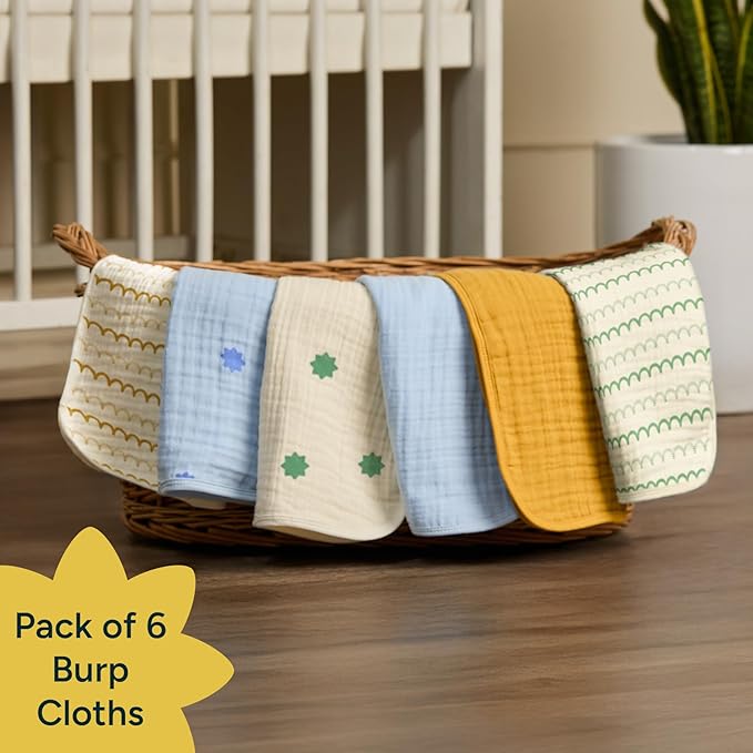 Anti-seep Burp Cloths - 100% Organic Muslin Cotton, 7-Layer Absorbent & Waterproof, Extra-Large (22" x 12”), Soft & Hypoallergenic, Multipurpose Baby Essentials for Newborns, Pack of 6