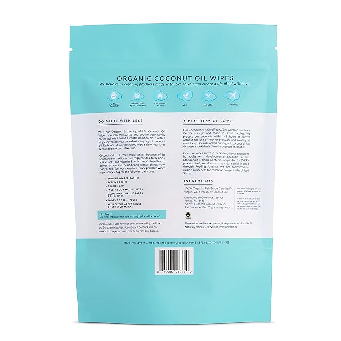 Organic Coconut Oil Baby & Postpartum Wipes – Fragrance-Free, Individually Wrapped, Biodegradable Bamboo Wipes for Newborn & Maternal Skin Care – Conscious Coconut