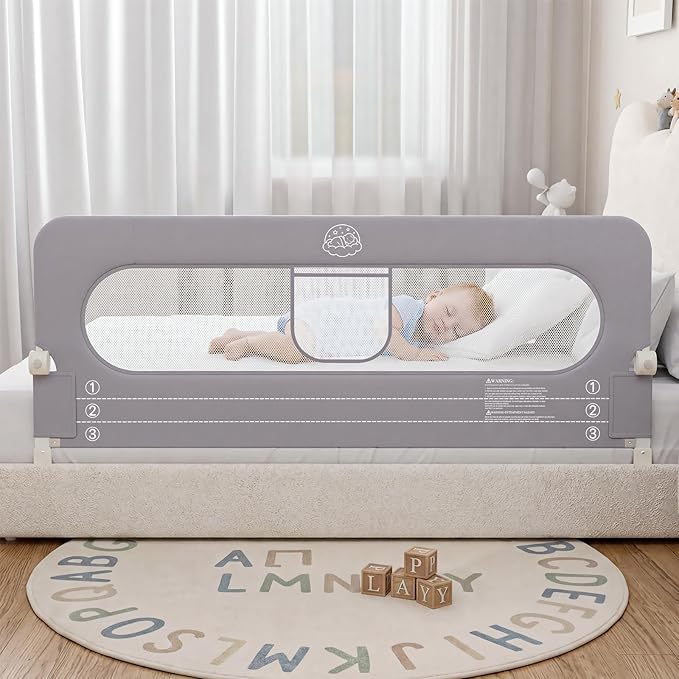 Bed Rail for Toddlers,59in Foldable Bed Rail for Baby, Baby Bed Rail Guard with Reinforced Carbon Steel Frame&Connectors for Twin Full Queen King Bed