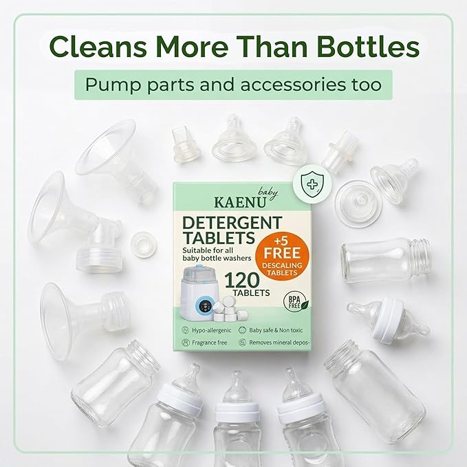 Bottle Washer Detergent Tablets -120 PCS & 5 Free Descaling Tablets - Compatible with all Baby Bottle Washers, Baby Brezza, Momcozy & Grownsy - Removes Milk Residue & Odor from Bottles & Pump Parts