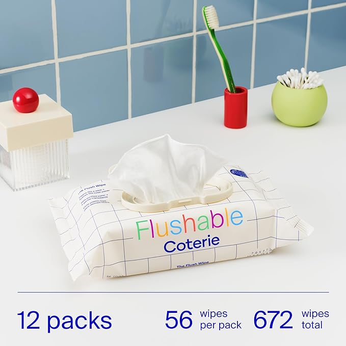 Coterie Flushable Wipes for Toddlers, Designed for Potty Training, Safe for Sensitive Skin, Hypoallergenic, 99% Water, Plant-Based, Fragrance Free, Sewer & Septic Safe, 12 Pack (448 Wipes)
