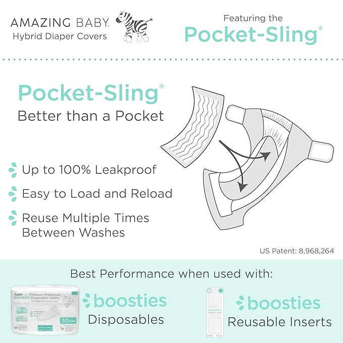 Amazing Baby Hybrid Cloth Diaper Cover With Pocket-Sling, Large, Sz 4 (22-40 lbs), Use With Boosties Inserts, Soft Pink, SmartNappy Set includes Muslin Cover + Tri-fold Insert + Booster Pad