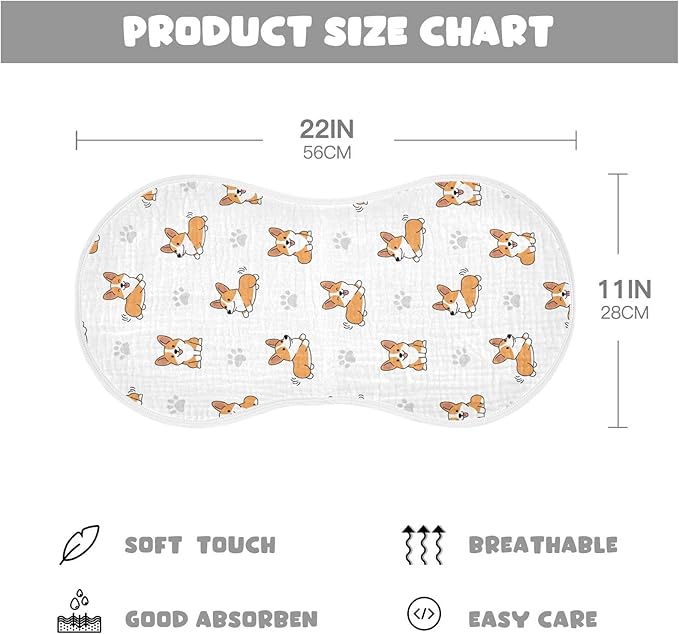 1 Pack Muslin Burp Cloths Cute Corgi Dogs White Cotton Baby Burp Cloths Ultra Absorbent Soft Burping Cloth Washcloths for Newborn Babies 22x11 Inch