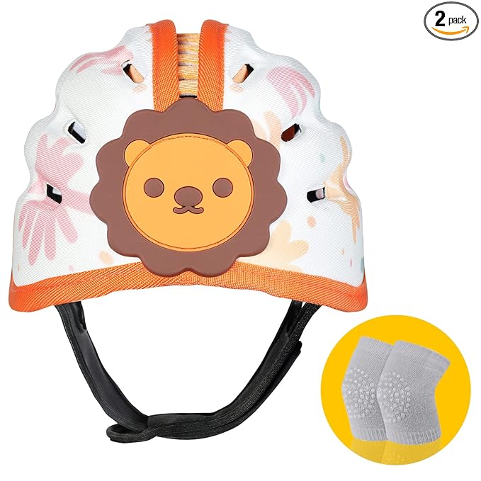 Baby Head Protector for Crawling and Walking, Anti-Collision Soft Infant Helmet for 6-24 Months, Breathable & Ultra-Lightweight & Expandable and Adjustable (Orange Lion)