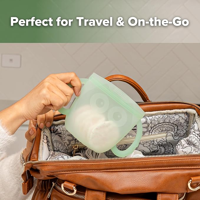 Haakaa Oscar Owl Baby Snack Container-Silicone Travel Snack Pouch for Toddlers,Spill Proof Toddler Snack Cup, Reusable Snack Bags for Infant On-The-Go,BPA Free- Pea Green