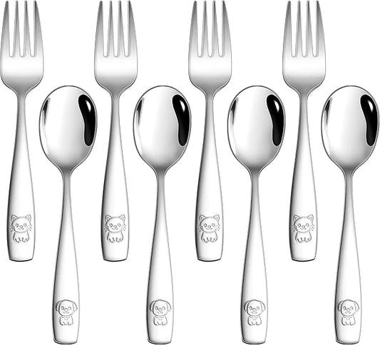 LIANYU 8 Pieces Toddler Utensils, Stainless Steel Kids Silverware Set, Food Grade Toddler Fork and Spoon Sets, Metal Kids Cutlery Set with Cute Pattern, Dishwasher Safe