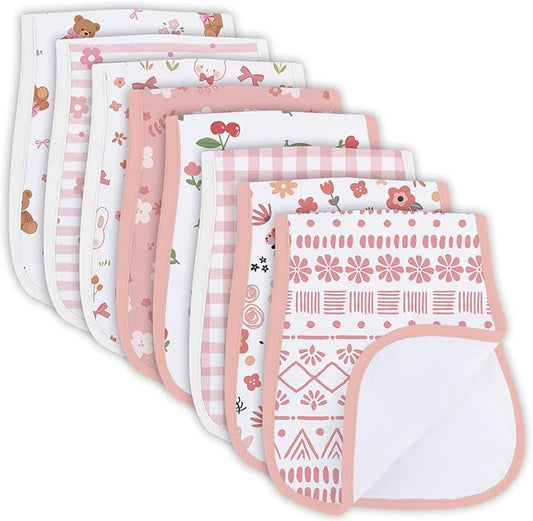 8 Pack Burp Cloths Organic Cotton, Pink Floral Baby Burp Cloths Girl, Absorbent Baby Burping Cloth, Soft Burping Cloth Set for Feeding, New Mom Gifts for Newborns Essentials Gift Set, 19”x9”