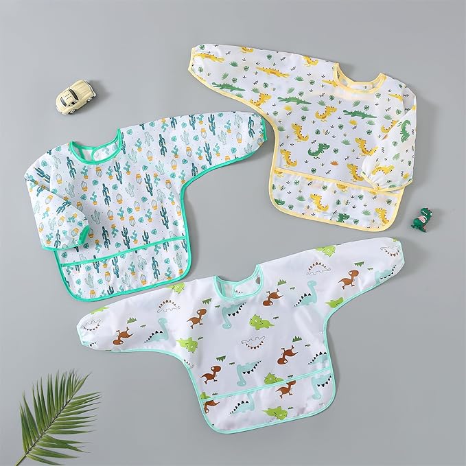5-Pack Baby Long Sleeve Waterproof Bib Full Coverage Apron Bib Smock Toddler Bibs with Pocket 3-30 Months