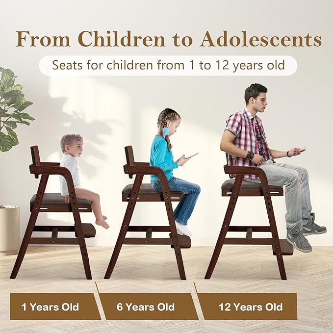 Solid Wood High Chair for Toddlers to Teens, Adjustable Height Toddler Dining Chair, Easy to Clean Toddler Highchair with PU Cushion for Dining, Studying, Step Stool, Walnut