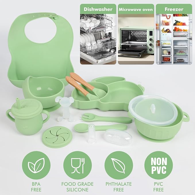 Silicone Baby Feeding Set 15 Pcs，Baby Spoons Suction Bowl Divided Plate Bib Cup Finger Brush Training cups,Baby Led Weaning Supplies（green）