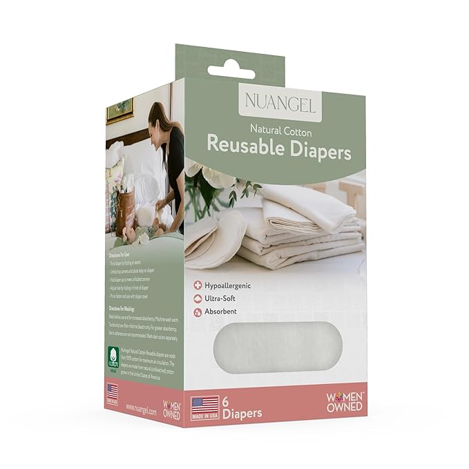 NuAngel 100% Cotton Prefold Cloth Diapers – Reusable & Washable Baby Diaper Inserts, 15" x 18", 6-Pack (Unbleached Natural Cotton Flannel)