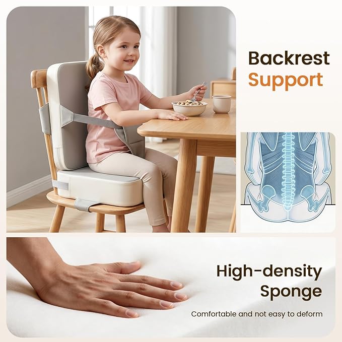 Booster Seat for Kitchen Chair, Toddler Booster Seat for Dining Table with Backrest and Adjustable Straps, Non-Slip High Back Booster Seat, Portable Travel Baby Booster Increasing Cushion, Gray White