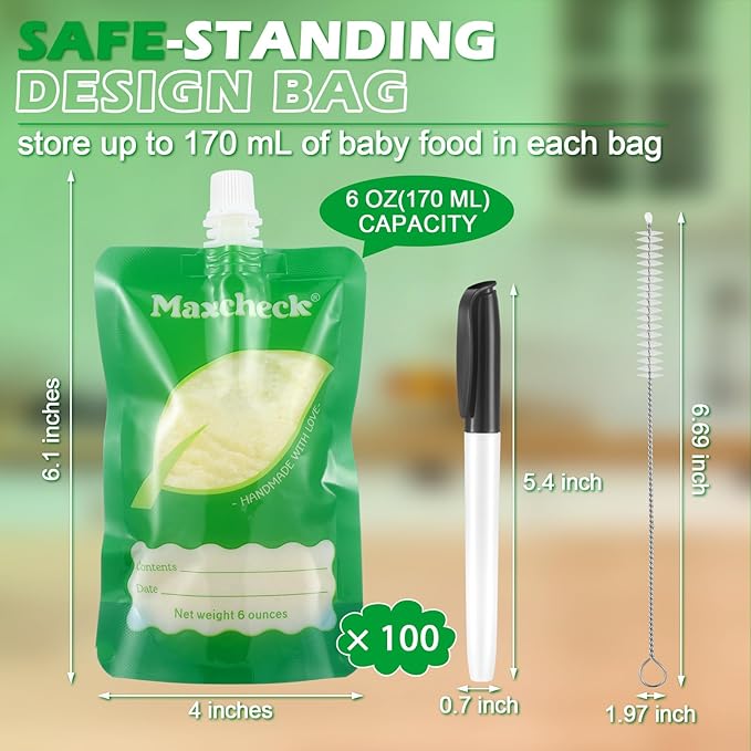 Maxcheck 103 Pcs Refillable Baby Food Pouches Maker Set Include 100 Pcs Portable Fruit Puree Pouch Storage Bags, Baby Food Maker, Pen and Brush for Babies Kids Toddlers