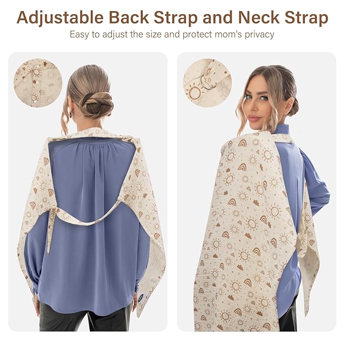 MEXXI Muslin Nursing Covers for Breastfeeding, Breastfeeding Cover with Arch Neckline,100% Cotton Breathable and Lightweight Privacy Nursing Apron 43 * 30 Inch (Beige)