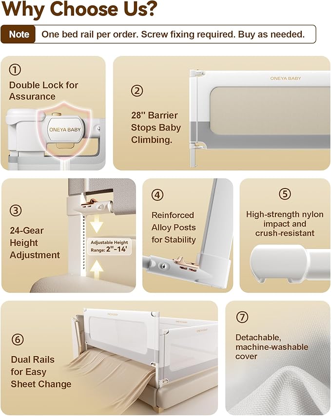 Baby Bed Rail Guard for Toddlers, Reinforced 60in Toddler Bed Rails for Queen Bed with Height Adjustable, Extral Tall Child Safety Side Railing Guards/Bedrail for Kids,White/Grey, 1 Side 60" Lx28 H