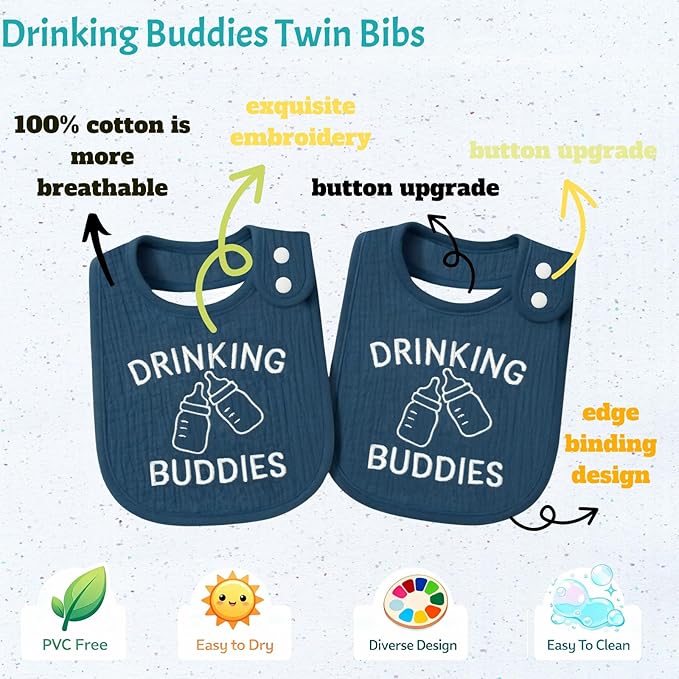 Twin Bibs – Ultra-Soft Cotton Yarn Twin Baby Bibs - 'Drinking Buddies' Design, High Absorbency, Perfect Infant Gift