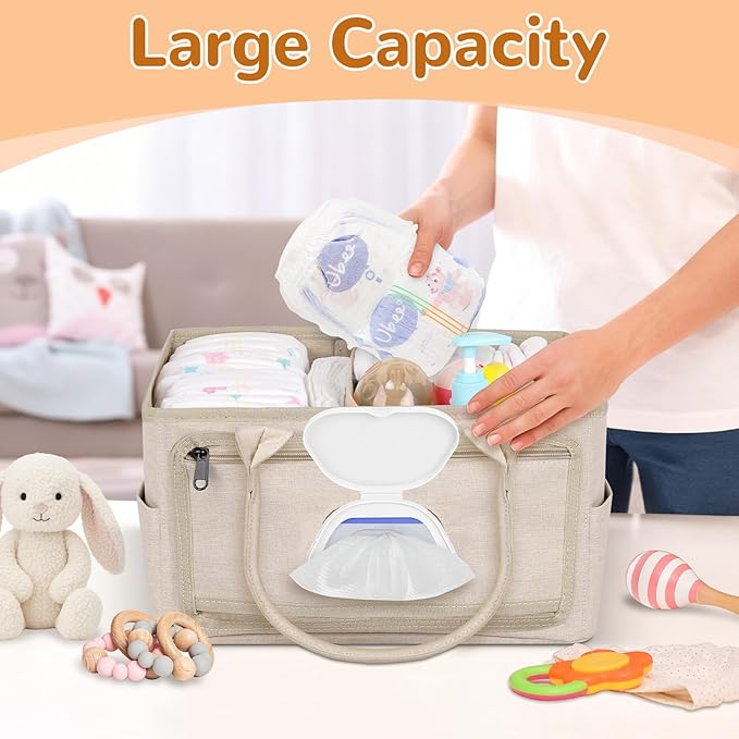 Volnamal Diaper Caddy with Wipe Dispenser One-Handed Access, Premium Diaper Organizer, Portable Car Organizer Nursery Basket for Newborn Essentials, Baby Registry Must Haves for Boys & Girls, Beige