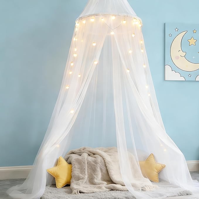 Princess White Bed Canopy with Lights for Girls Bed Net,Princess Canopy for Kids Bed Room Decor (White+Lights)