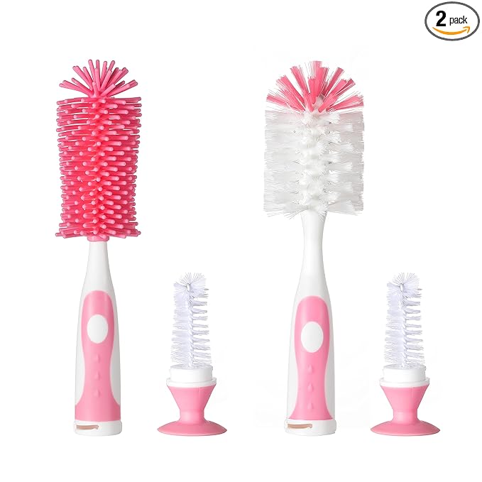 Chemimoso Multifunctional Cleaning Brush, Baby Bottle Brush, Bottle Brush Cleaner, Rotate the Suction Cup to Obtain the Small Bristle Brushes, Set Z, Pink, Silicone and Nylon Brush