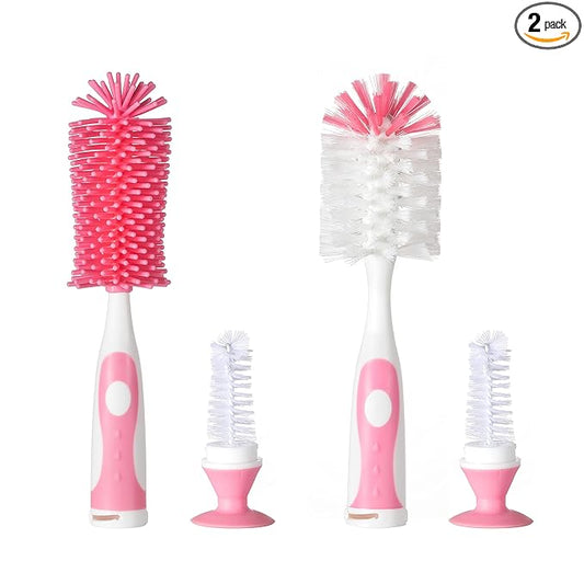 Chemimoso Multifunctional Cleaning Brush, Baby Bottle Brush, Bottle Brush Cleaner, Rotate the Suction Cup to Obtain the Small Bristle Brushes, Set Z, Pink, Silicone and Nylon Brush