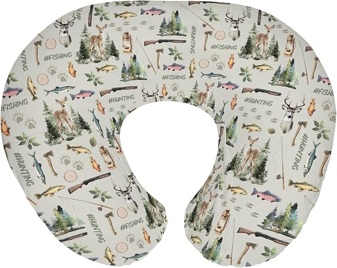 Fishing Hunting Baby Nursing Pillow Covers for Boy Girl Bass Fish Deer Paws Green Trees Nursery Pillowcase for Breastfeeding Pillows Nature Hunting Animals Soft Stretchy Slipcover for Newborn Infant