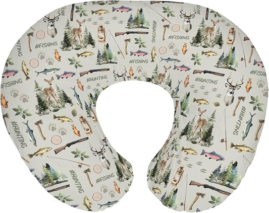 Fishing Hunting Baby Nursing Pillow Covers for Boy Girl Bass Fish Deer Paws Green Trees Nursery Pillowcase for Breastfeeding Pillows Nature Hunting Animals Soft Stretchy Slipcover for Newborn Infant