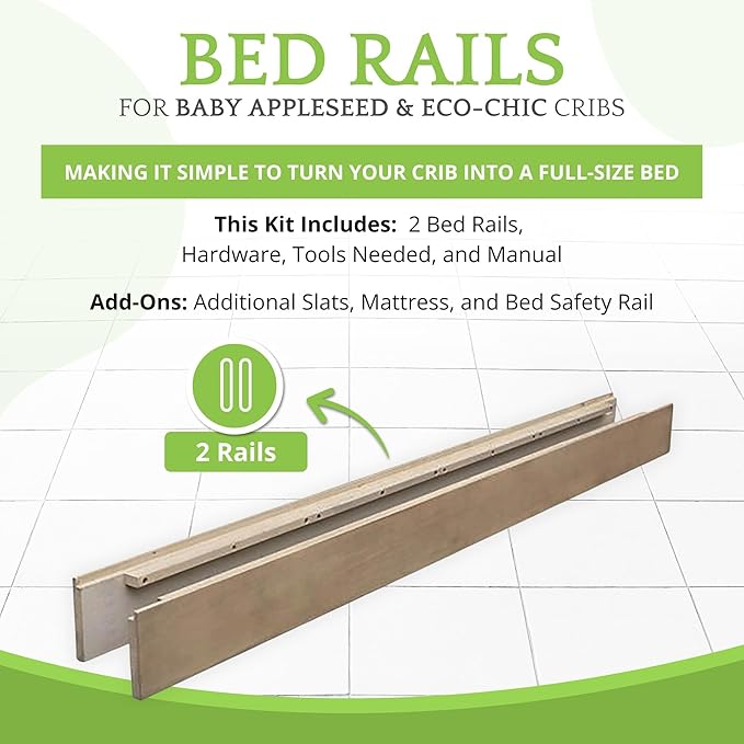 Full-Size Conversion Kit Bed Rails for Baby Appleseed and Eco-Chic Convertible Cribs - Solid Wood Rail - Toddler & Adult Bed Rail for Full-Size Beds - Nursery and Baby Furniture (Willow, Bolt-On Kit)
