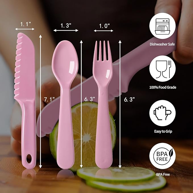 Kids Cutlery Set, 12pcs Plastic Utensils for Toddlers Real Cooking, Reusable Flatware Set with Nylon Serrated Knives, Fork and Spoon for Camping, Party, School Lunch Box (Macaron Colorful)