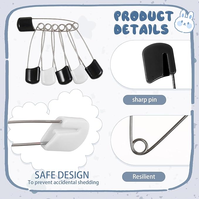 WILLBOND 100 Pcs Safety Pins 2.2 Inch Plastic Head Cloth Pins with Locking Closures Stainless Steel with Velvet Bag, Black and White