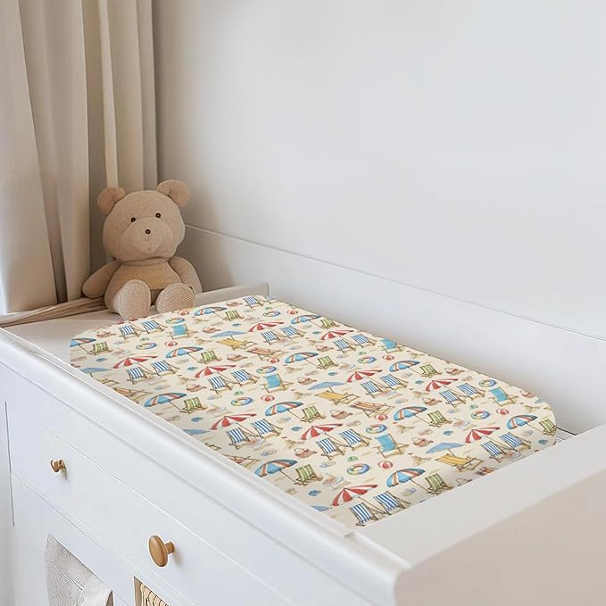 Fun Beach Days Changing Pad Covers for Baby Girls Boys Umbrella Beach Balls Summer Fitted Change Table Pad Covers Mats Seaside Coastal Soft Diaper Changing Pad Sheets 32''×16''
