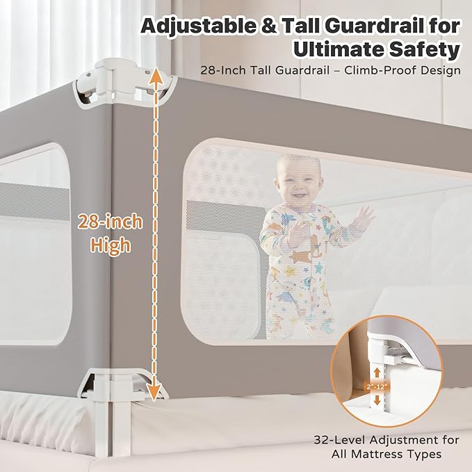 MagicFox 3 Piece Queen Size Bed Rail for Toddlers,Upgraded Height Adjustable Baby Bed Rail Guard, Thickened Child Safety Bed Rails for Queen Size Beds (78.7"x78.7"x60" Gray)