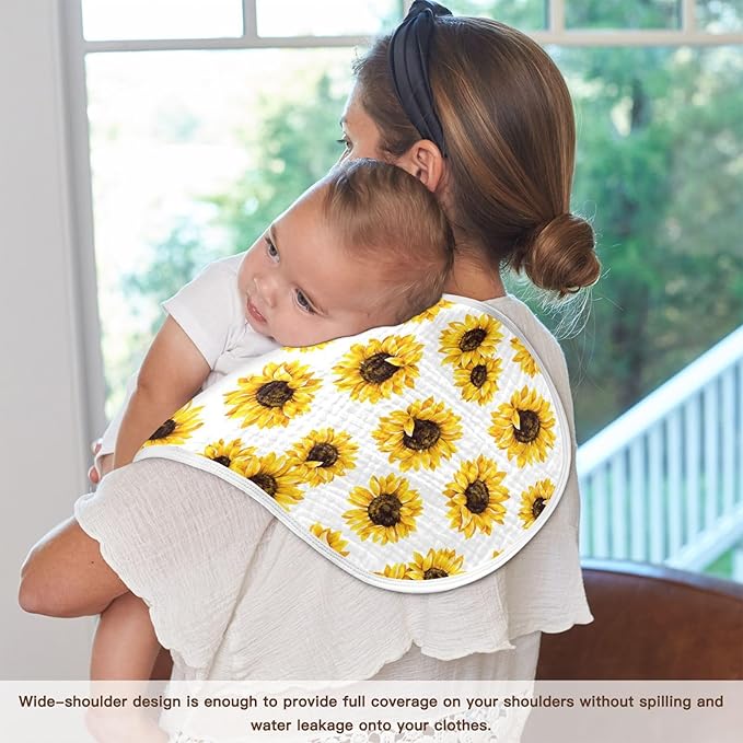 Muslin Burp Cloths for Baby Boys and Girls - 2-Pack Ultra Absorbent Sunflower Muslin Washcloths, Newborn Towel, Milk Spit Up Rags, Burp Cloth Bibs for Unisex, 22 x 11 Inch