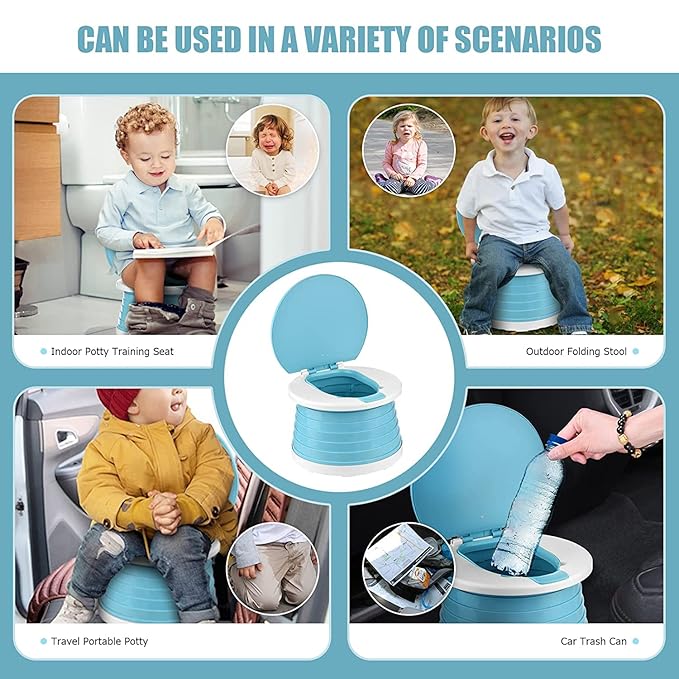 Portable Potty for Toddler Travel Foldable Potty Seat for Toddler Training Toilet for Kids Boys Girls Car Potty On The Go Potty Travel Potty Chair for Camping Park Indoor/Outdoor -105PCS Cleaning Bags