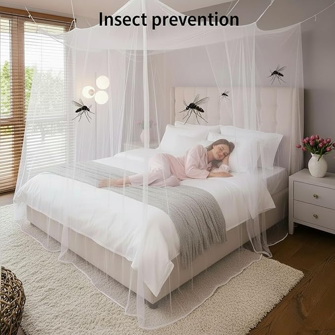 Mosquito Net for Bed - 4 Corner Bed Canopy with Fine Mesh Protection, Queen Size Bed, Easy Assembly Bug Net for Indoor/Outdoor Use, Camping & Travel