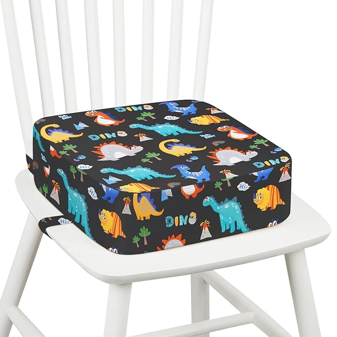 Toddler Booster Seat for Dining Table Kitchen Chair, Kids Booster Seat with Non-Slip Bottom and Adjustable Straps, 4" Detachable Washable Portable Travel Increasing Cushion (Dinosaur)