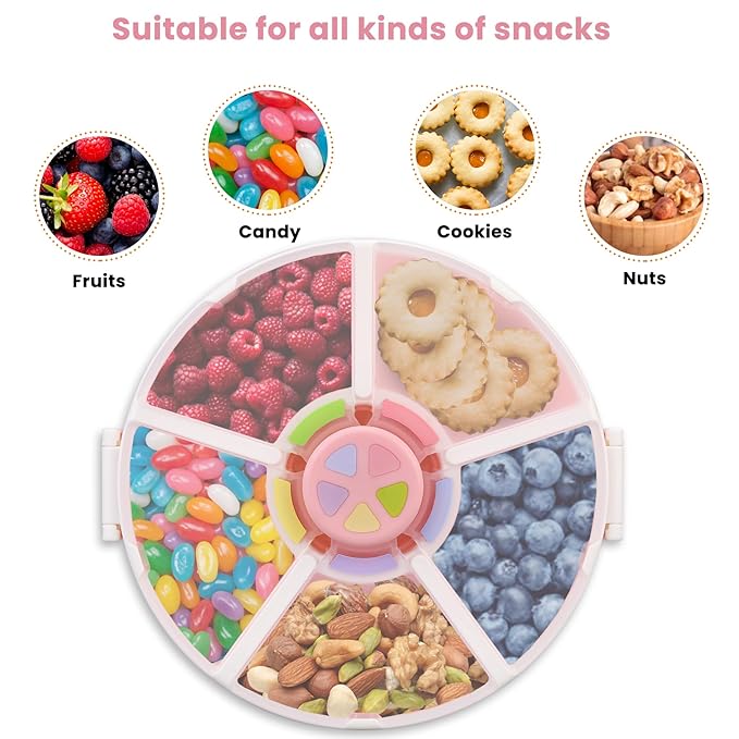 Pawtong Snack Rotator Container Reusable Snack Box with 5 Compartment Dispenser and Lid, Color Matching Opening Lid, BPA and PVC Free, for Home, School, Travel (2 Pack- Pink)