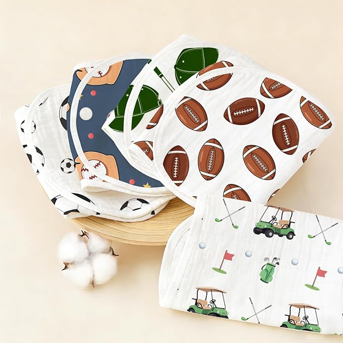 5pcs Sports Ball Burp Cloths for Baby Boys Girls 100% Cotton Football Baseball Soccer Golf Cart Themed Burp Rags, Muslin Burping Cloths Absorbent Spit-Up Cloths for Infant Newborns