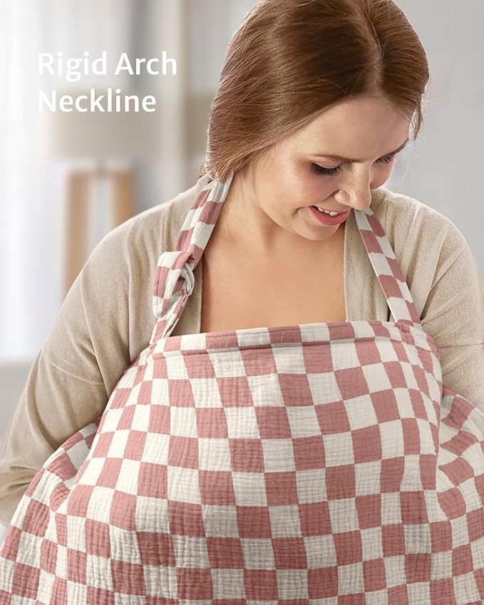 Blissful Diary Muslin Nursing Cover for Breastfeeding, Breathable Breastfeeding Cover up with Arch Neckline for Women, Nursing Apron (Dusty Pink Checkboard)